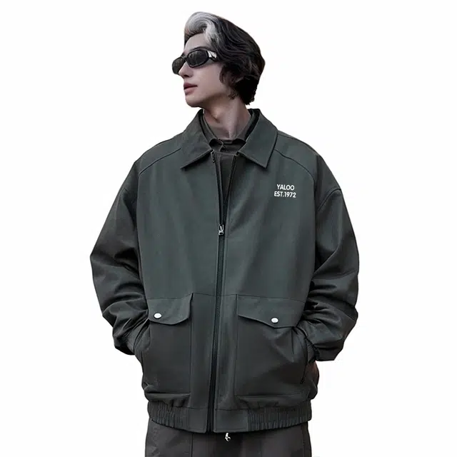 雅鹿 复古高街水洗做旧通勤工装百搭简约休闲翻领宽松防风机车服夹克外套 男女同款 深灰