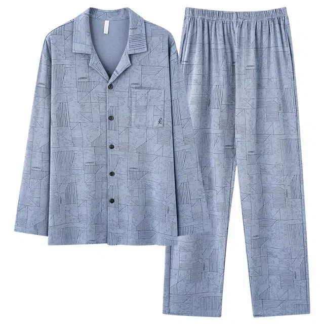 好福份 纯棉开衫亲肤翻领透气可外穿长袖长裤睡衣套装 男款 图片色