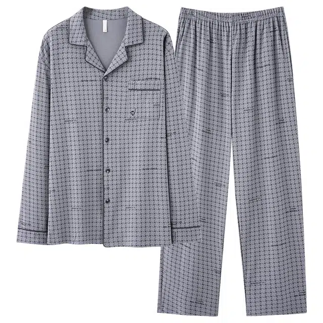 好福份 纯棉简约开衫翻领可外穿长袖长裤睡衣套装 男款 图片色