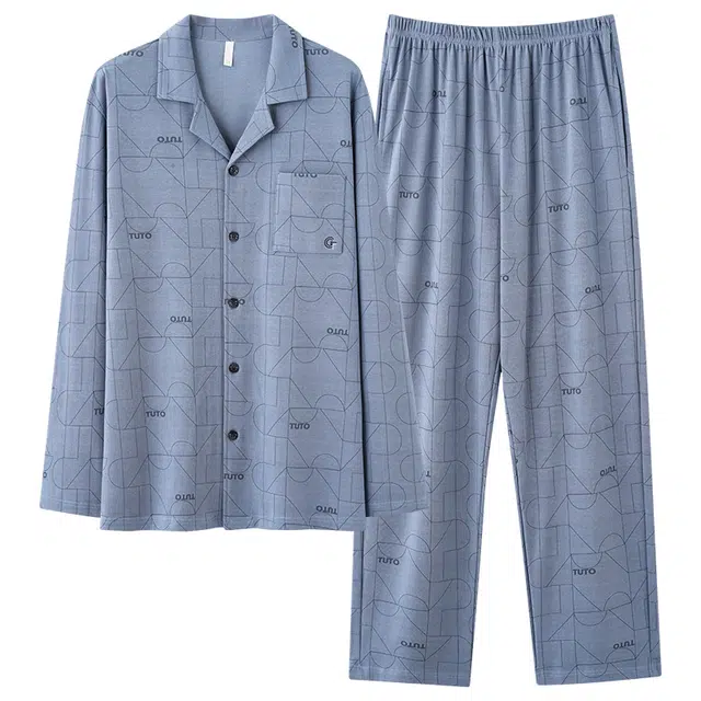 好福份 纯棉开衫亲肤翻领简约可外穿长袖长裤睡衣套装 男款 图片色