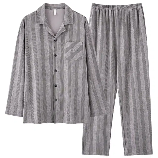 好福份 纯棉开衫条纹透气翻领可外穿长袖长裤睡衣套装 男款 图片色