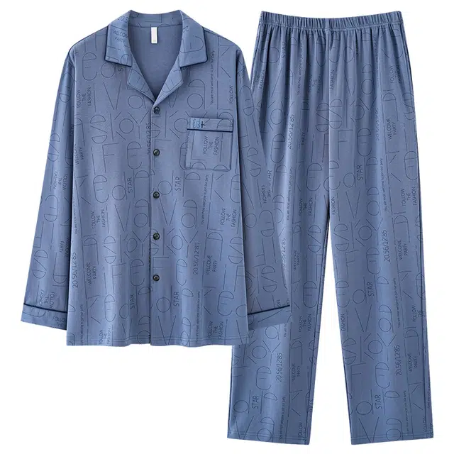 好福份 开衫简约透气翻领可外穿长袖长裤睡衣套装 男款 图片色
