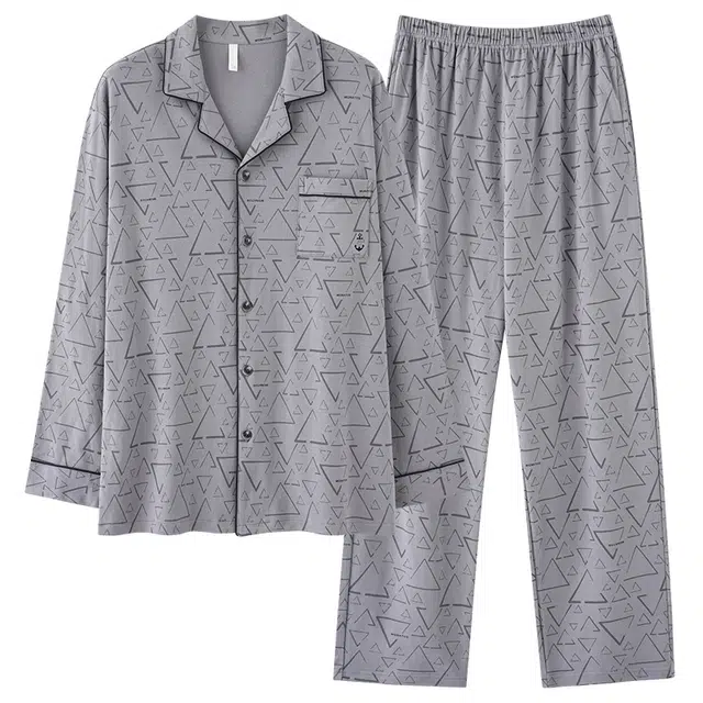 好福份 开衫透气简约翻领可外穿长袖长裤睡衣套装 男款 图片色