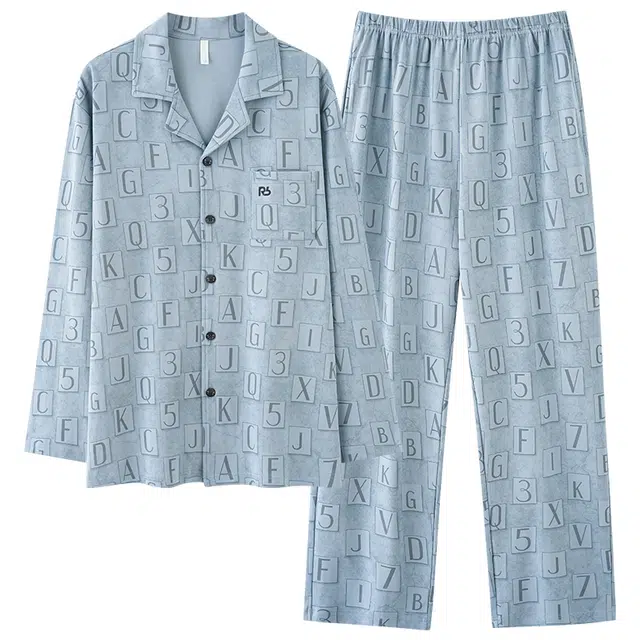 好福份 纯棉开衫透气舒适翻领可外穿数字印花长袖长裤睡衣套装 男款 图片色