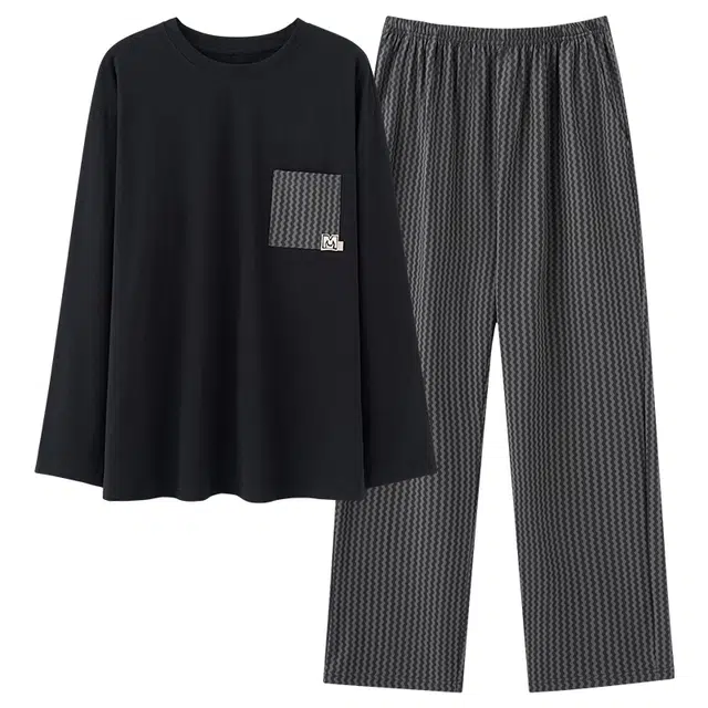 好福份 圆领舒适透气可外穿长袖长裤睡衣套装 男款 图片色
