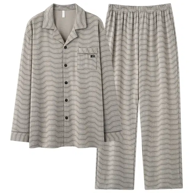 好福份 纯棉开衫翻领透气亲肤可外穿长袖长裤睡衣套装 男款 图片色