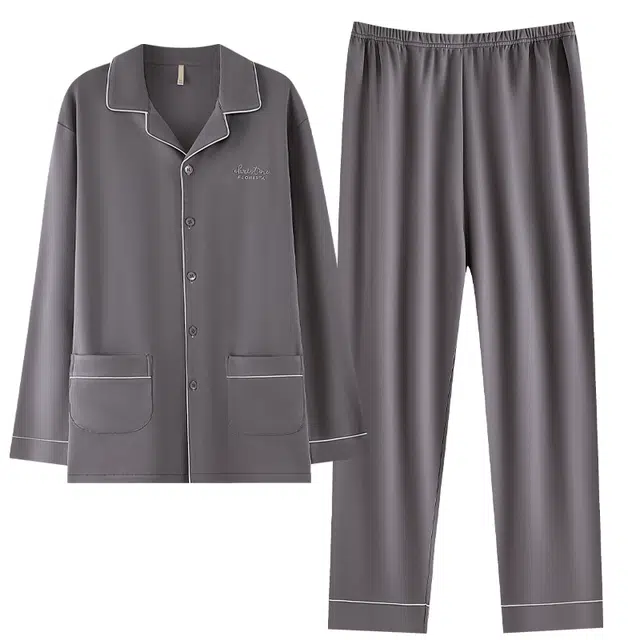 好福份 纯棉纯色开衫舒适翻领可外穿长袖长裤睡衣套装 男款 图片色