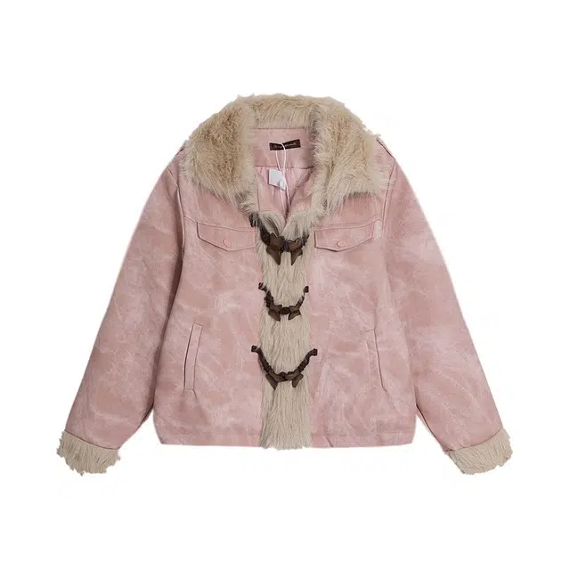 水中花 氛围感蝴蝶扣保暖毛绒宽松外套棉服 女款