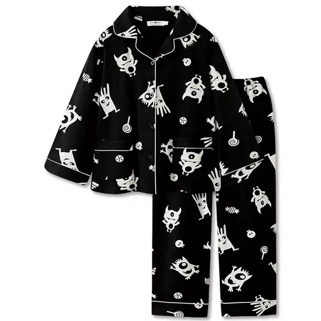 乐姿韵 舒适卡通动漫开衫翻领长袖长裤家居服睡衣套装 女款 黑色