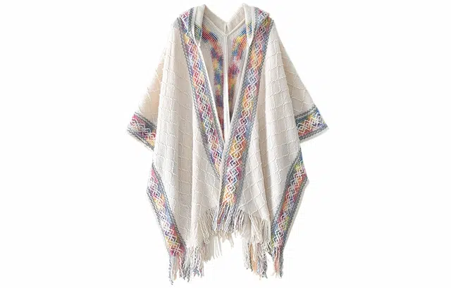 优幽兰 民族风针织流苏披风小众设计感彩色保暖斗篷外套云南川西旅游度假拍照打卡穿搭 聚酯纤维 披肩 女款