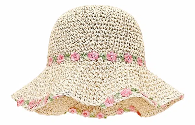 优幽兰 复古田园风花朵法式甜美编织草帽大帽檐显脸小防紫外线遮阳帽夏季海边度假沙滩帽可折叠 纤维素材料 防晒帽 女款