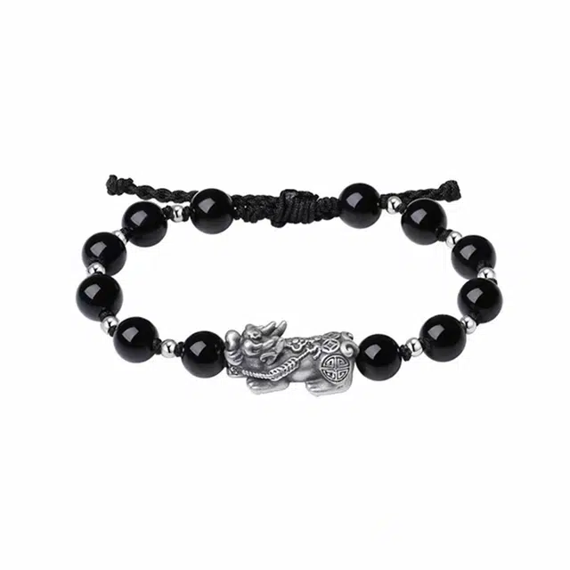 琅风 编织吞金兽转运珠 黑曜石猫眼石 手链 男女同款情侣款