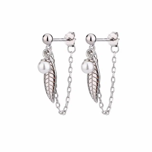 优态 冷淡风甜美流苏羽毛个性链条 贝珠 纯银 耳环 女款
