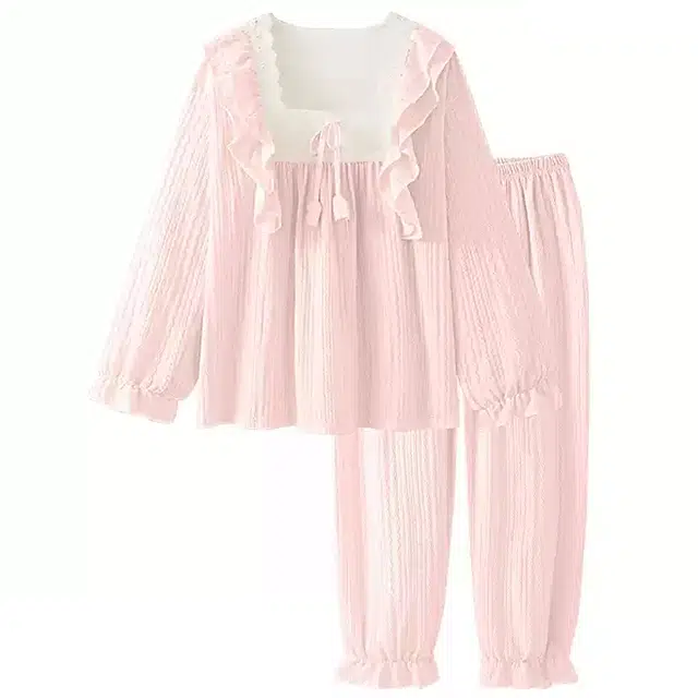 乐姿韵 可爱公主风套头方领长袖长裤休闲舒适家居服睡衣套装 女款 粉色