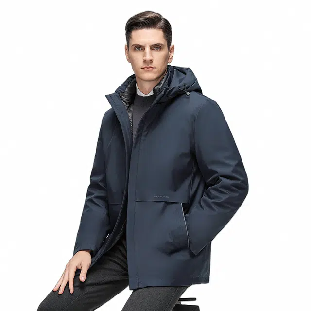 鸭鸭 薄款三合一中老年纯色商务休闲百搭拆卸帽户外防寒保暖工装风中长款羽绒服 男款