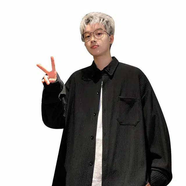 港风潮牌美式潮流提花设计大码重磅透气小清新简约基础款学院风单排扣纯色复古细条纹翻领加绒加厚保暖宽松长袖衬衫 男女同款 黑色