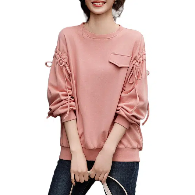 【dme】 纯色圆领薄款套头休闲长袖卫衣 女款 浅桃粉