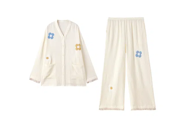 俏薇妮 简约纯色时尚高级感长袖长裤家居服休闲舒适可外穿睡衣套装 女款 米白色