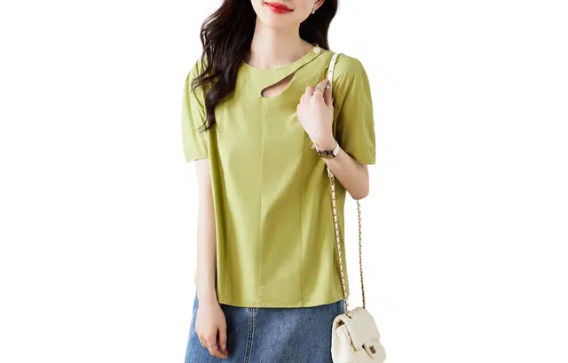 【dme】 纯色圆领透气五分短袖衬衫 女款 柠檬绿