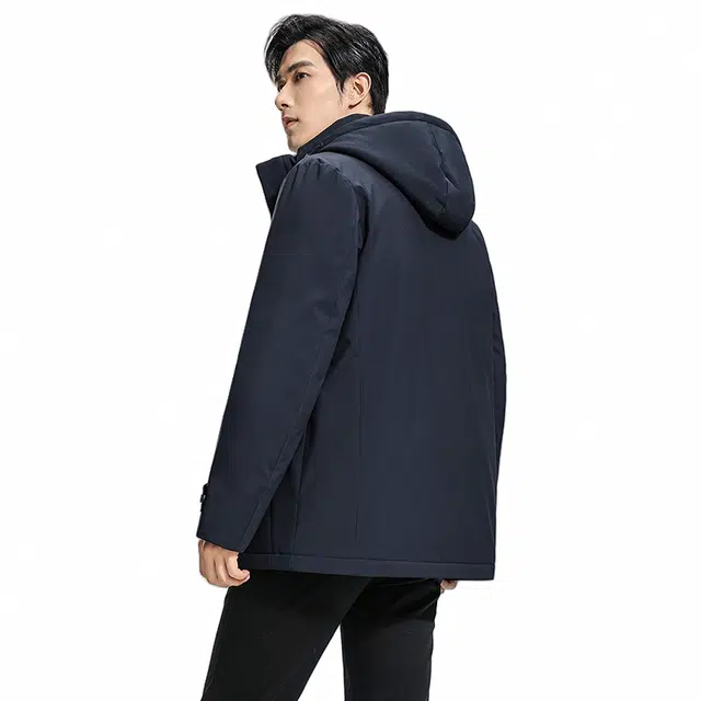 鸭鸭 纯色商务休闲连帽中长款羽绒服 男款 虾青色