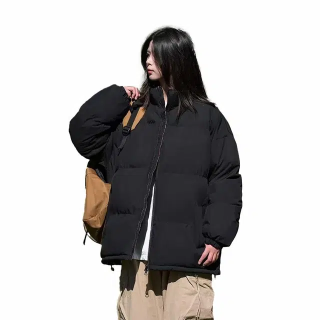 玉儿恋 美式潮牌复古拼接纯色御寒宽松大码柔软校园慵懒风立领格子内衬简约休闲日常百搭立领加厚保暖通勤无性别主义面包棉服 男女同款