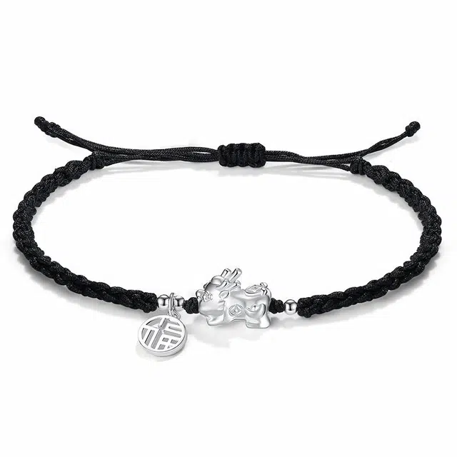 招财貔貅吞金兽 银千惠 新中式国潮有钱花财源滚滚竹节步步高升上岸编织手绳转运珠生日福牌粉色黑色 编绳 手链 男女同款情侣款 礼盒礼物