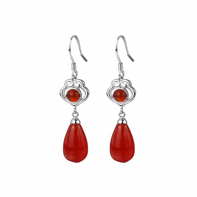 七度银饰 新中式国风鸿运长款长命锁平安水滴如意锁耳饰岁岁平安轻奢小众高级感设计复古穿搭饰品 玛瑙 耳环 女款