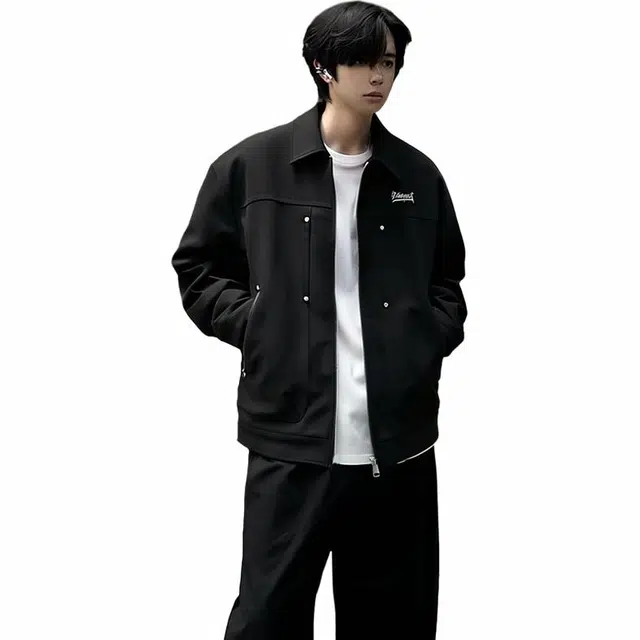 雅鹿 复古高街简约通勤工装百搭机能风重工铆钉装饰宽松休闲翻领落肩袖教练夹克外套 男女同款