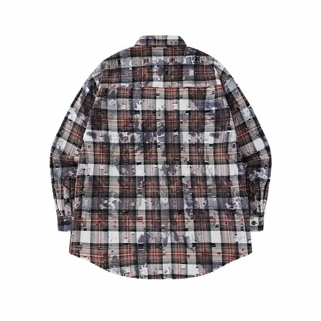 膨胀潮牌 破坏不规则毛边美式破洞长袖衬衫 男女同款