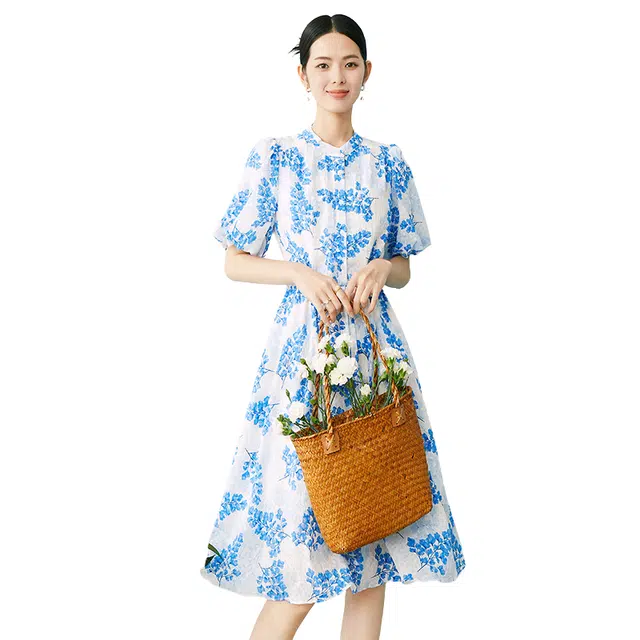 晚白 高腰立领印花连衣裙 女款 花色