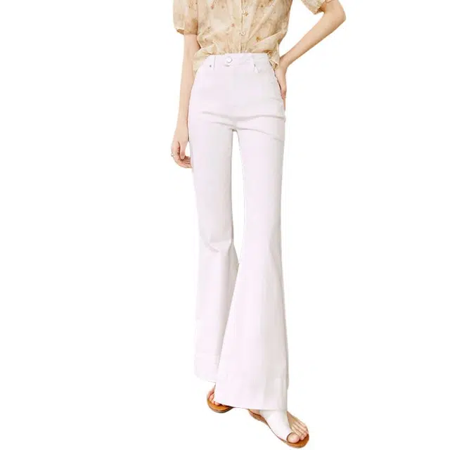 晚白 高腰阔腿修身牛仔裤 女款 米白色