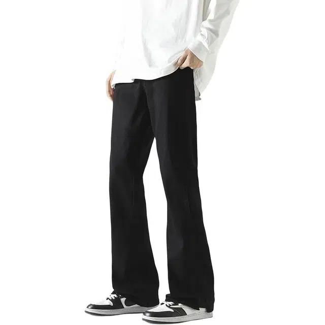 八哥 美式复古高街基础款侧边分割线弹力水洗做旧高腰直筒阔腿修身纯色微喇牛仔裤 男女同款