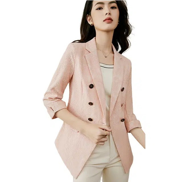 晚白 简约纯色蕾丝气质通勤七分袖西装 女款 粉色