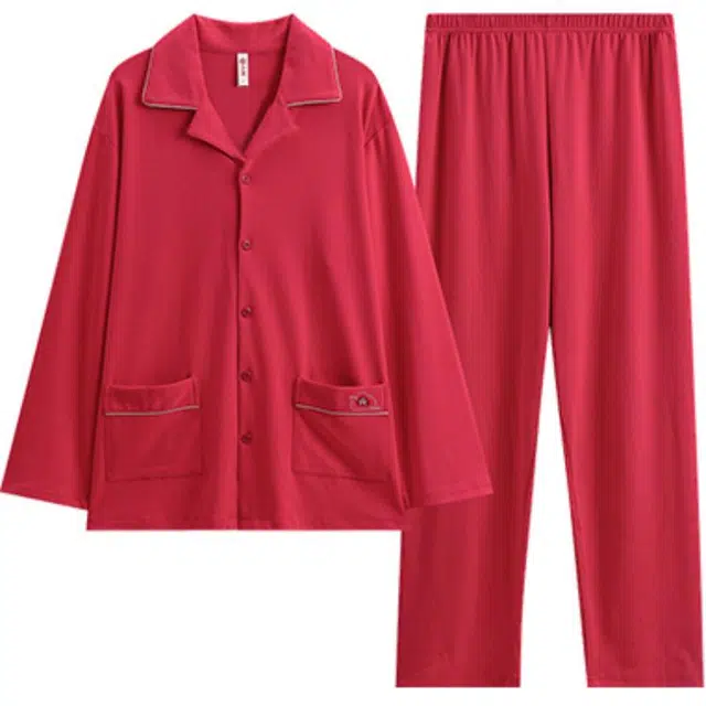 芬腾 纯色翻领长袖本命年结婚睡衣套装 男款 大红