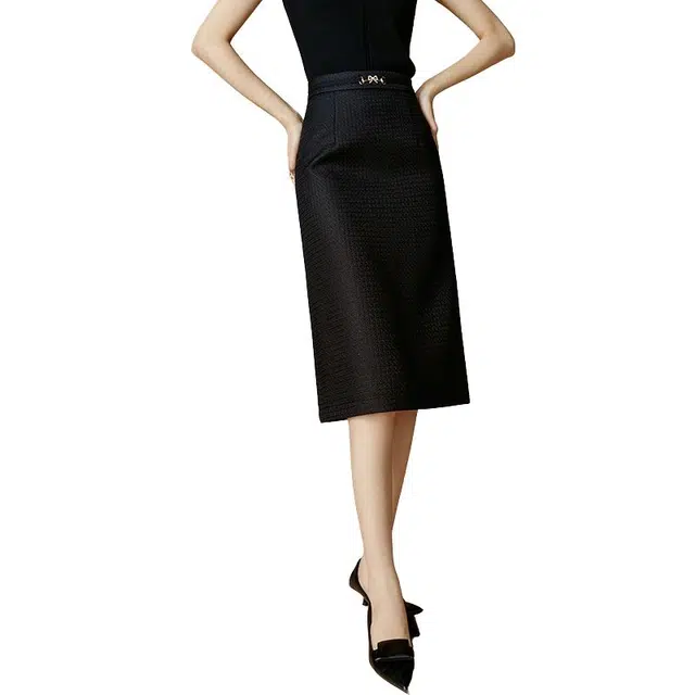 晚白 通勤高腰简约纯色肌理休闲长裙 女款 黑色