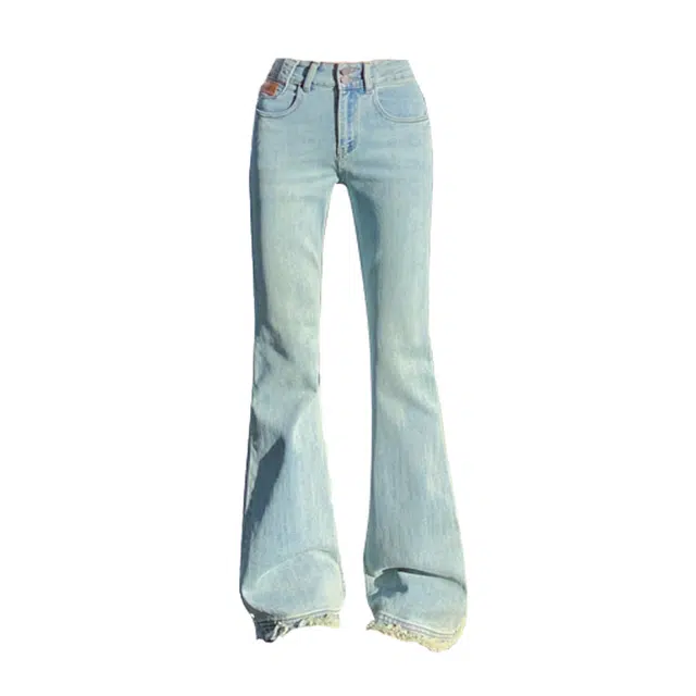 莫代尔 复古百搭高腰修身喇叭长裤牛仔裤 女款 浅蓝