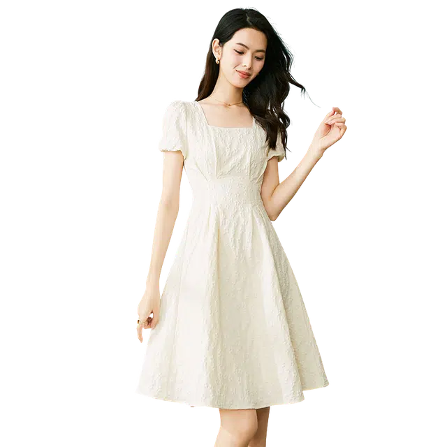 晚白 纯色方领中长款简约短袖连衣裙 女款 杏色