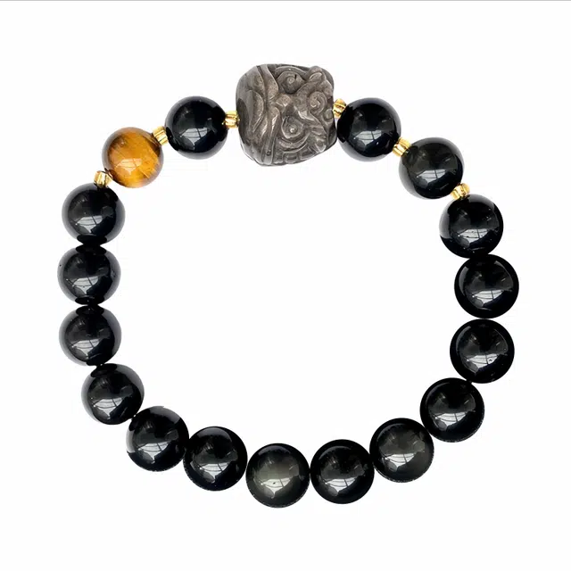 凯真 精雕醒狮设计转运珠 时来运转 平安纳福 新中式国潮时尚简约 事业运爆棚 四季发财银曜#好运 黑曜石 手串 男女同款情侣款