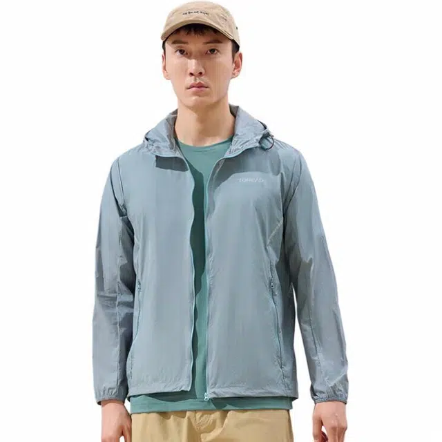 探路者 纯色休闲运动透气防晒服 男款 青蓝灰
