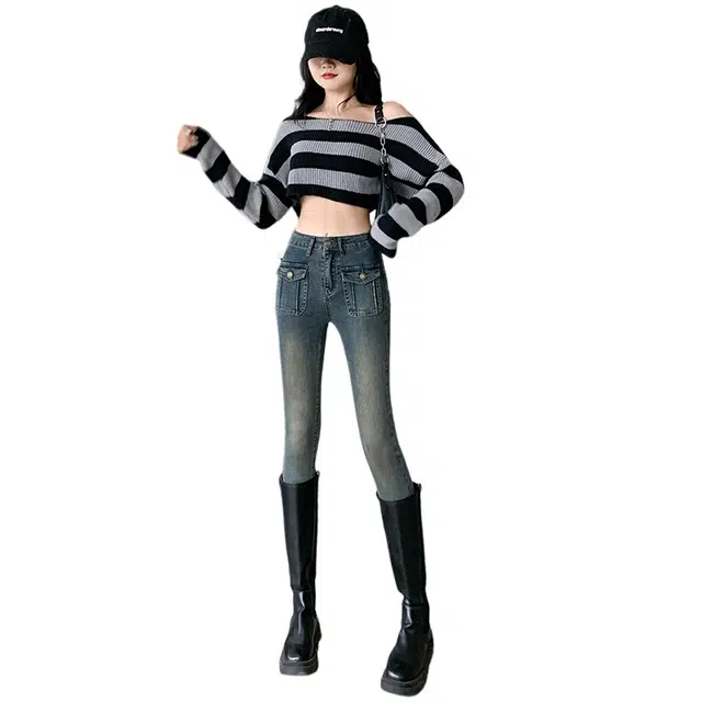 水中花 美式复古高腰铅笔牛仔裤 女款 水泥灰