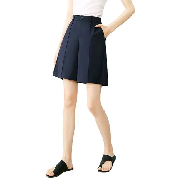 晚白 高腰休闲阔腿短裤女 女款 深蓝色