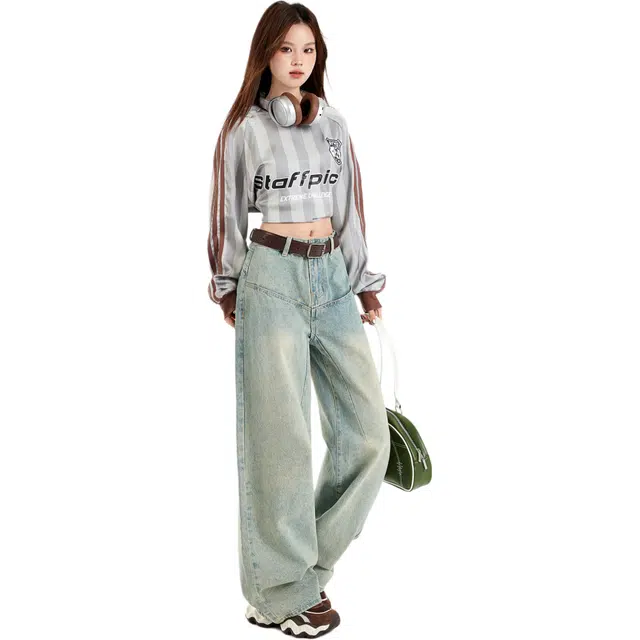 玫丝朵 美式水洗高腰宽松阔腿垂感百搭牛仔裤 女款 复古色