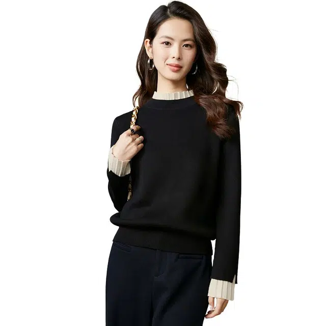 晚白 花边立领高弹力含羊毛针织衫 女款 黑色