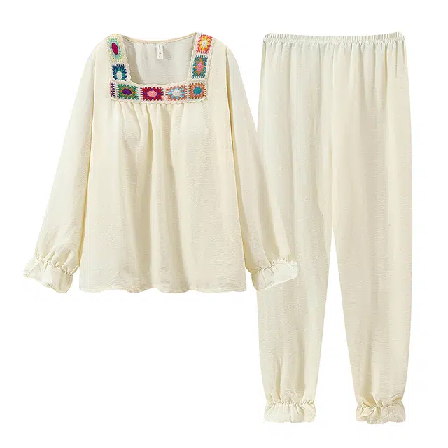 乐姿韵 可爱舒适高级感甜美方领带胸垫长袖长裤家居服睡衣套装 女款 杏色