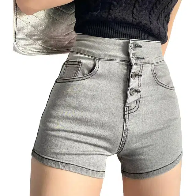 美丽衣橱 透气休闲纯色高腰修身直筒牛仔短裤 女款