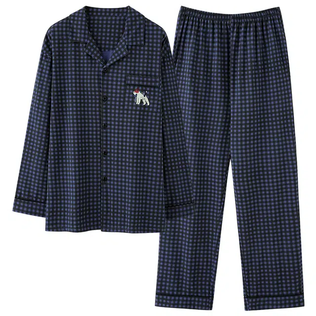 夏芬妍 时尚简约休闲格子翻领家居服亲肤舒适长袖长裤可外穿睡衣套装 男款 藏蓝色