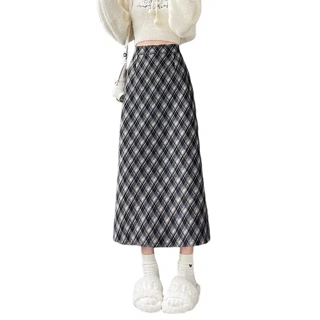 水中花 复古格子包臀中长款修身舒适休闲长裙 女款