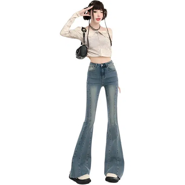 法文箱子 修身拼接鱼骨线牛仔裤 女款