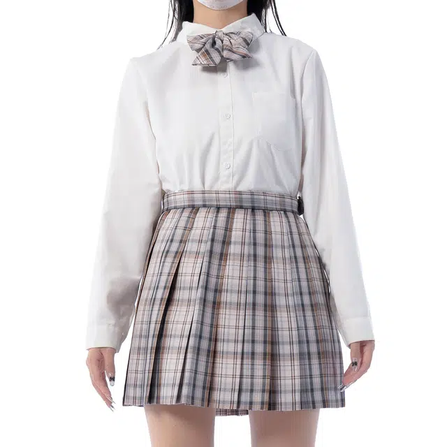 日暮星河 学院风休闲百搭时尚长袖上衣日系百褶裙衬衫套装 女款 牛奶慕斯