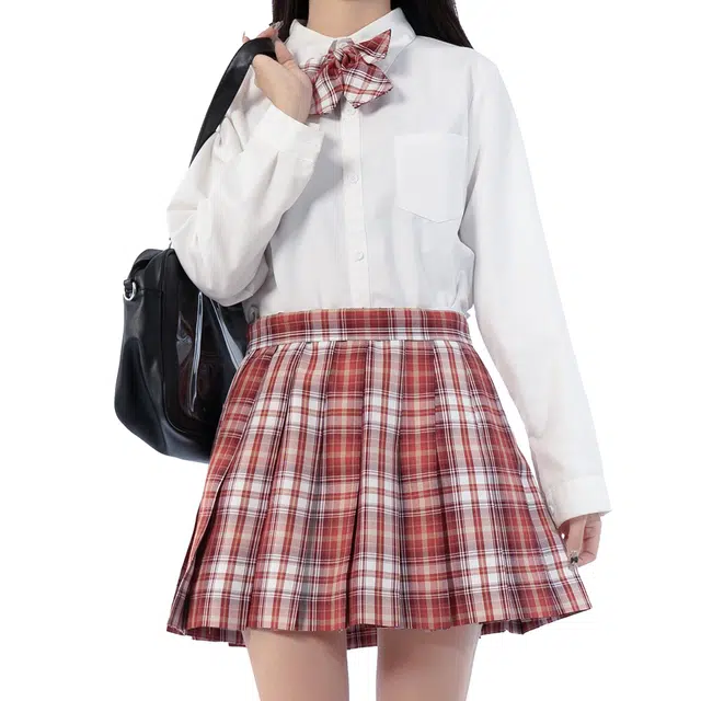 日暮星河 学院风休闲百搭舒适通勤长袖上衣日系百褶裙衬衫套装 女款 红茶拿铁